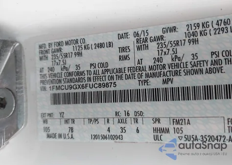 2015 Ford Escape Se z USA, uszkodzony, nr VIN 1FMCU9GX6FUC89875